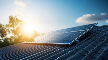 Solar Panels on Roof at Sunset with Blue Sky