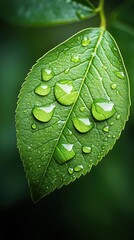 A high-definition macro photograph of crystal-clear water droplets delicately perched on the surface of a vibrant green leaf after a fresh rain.