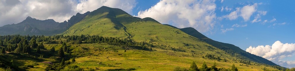 A wide panoramic view of rolling green hills leading up to towering mountain peaks under a partly cloudy sky, capturing the serene and expansive beauty of the alpine landscape