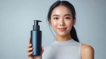 A young Asian woman proudly displays a sleek hair care product mockup with a smooth finish