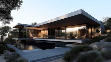 Obraz premium Modern architectural house with large glass windows and flat roof surrounded by natural landscape, featuring outdoor pool and minimalist design
