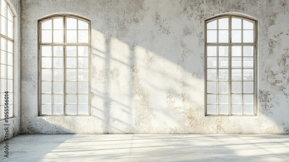 Poster a textured old wall with large panoramic windows, providing ample copy space for text or design in t