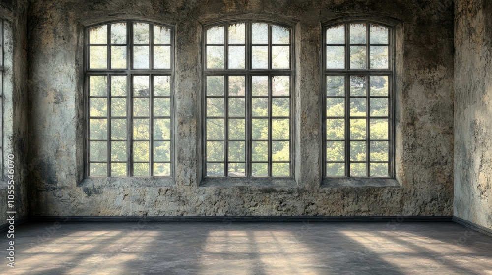 Poster a textured old wall with large panoramic windows, providing ample copy space for text or design in t