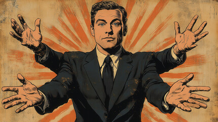 Multitasking businessman with six arms in vibrant pop art style