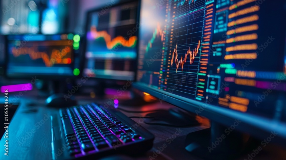 Poster A CuttingEdge Modern Trading Setup Featuring Data Visualization Across Multiple Screens for Better Insights