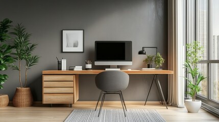A calming work area with light gray walls, a minimalist desk setup, and soft task lighting