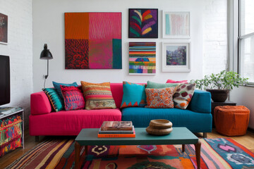 A colorful living room with bold furniture, patterned rugs, and vibrant artwork, reflecting a playful and creative personality.
