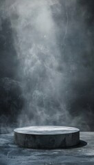 photo of a gray concrete podium or pedestal positioned against a dark concrete floor with a grunge