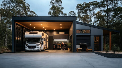 Modern garage with an RV parked inside, featuring a sleek design with wooden ceiling and black exterior. Outdoor patio with furniture and surrounded by trees at dusk.
