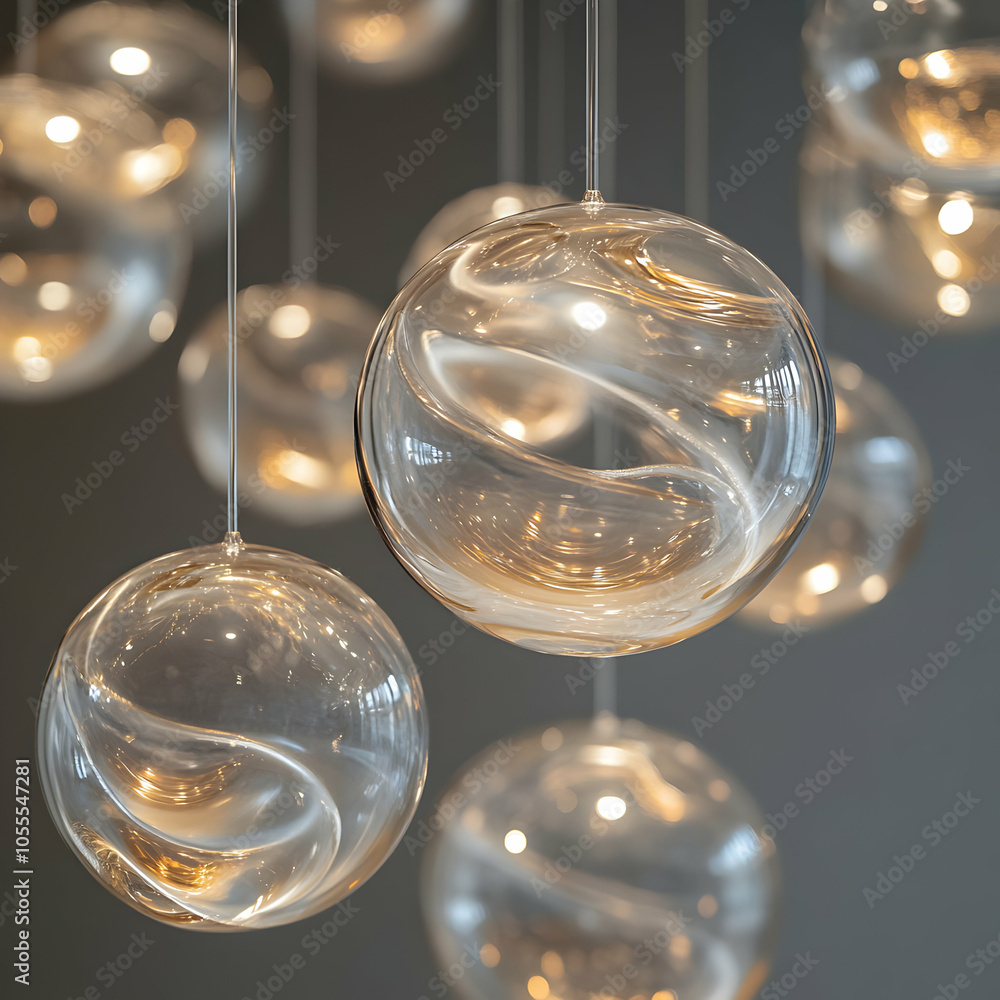 Poster a series of floating spheres with a liquid-like appearance, capturing ethereal reflections and soft 