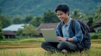 Zoomed-in photo of a Thai student sitting on a rice paddy field, smiling while looking at a Laptop.