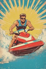 Vintage comic drawing of  of jetski in water. Summer tropical sports.
