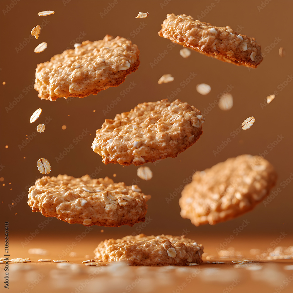 Poster a series of oatmeal cookies falling, each with a unique texture and shape against a light background