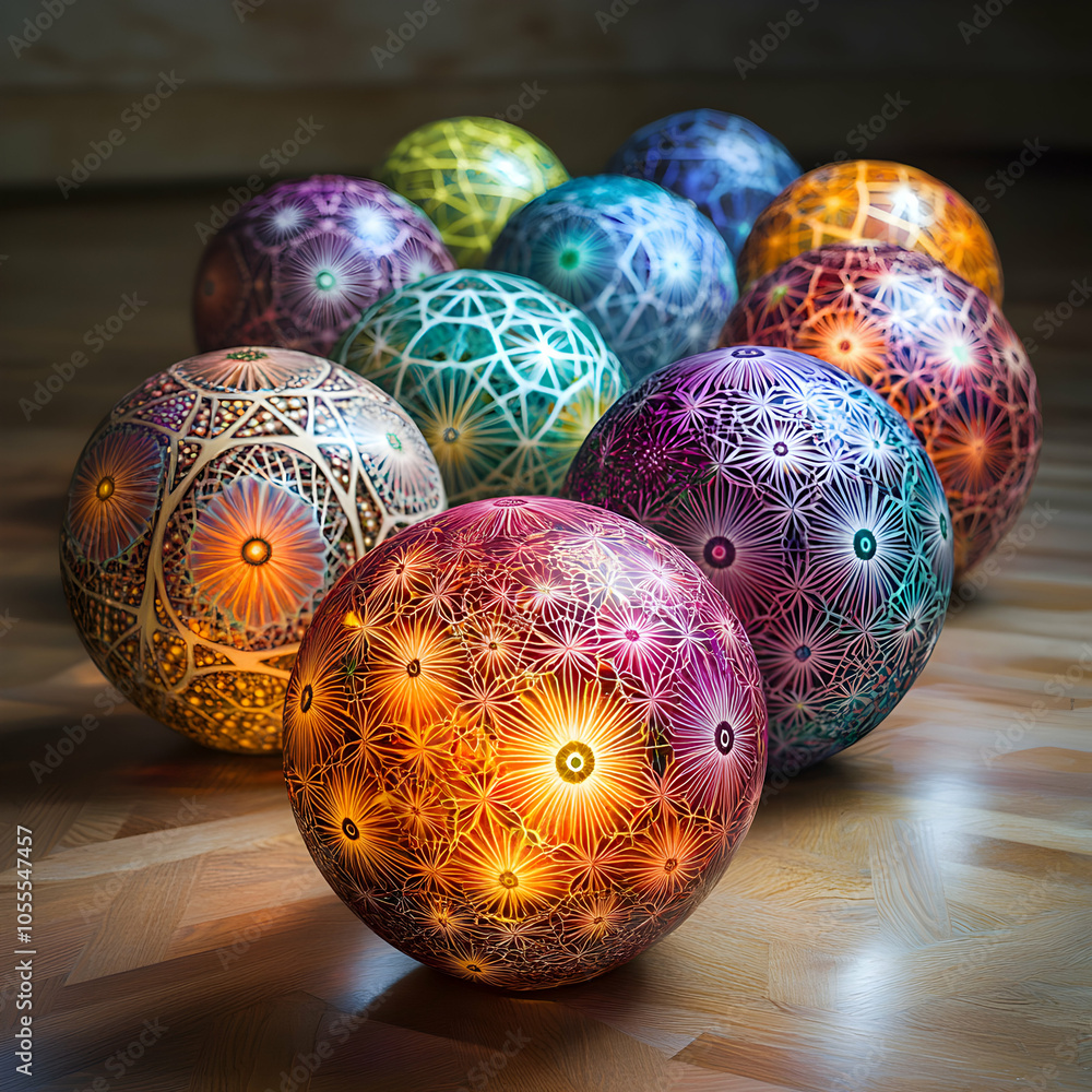 Poster a vibrant collection of colorful spheres showcasing intricate geometric patterns on a soft backgroun