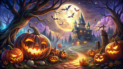 Eerie Halloween scene with a spooky castle and jack-o-lanterns. Dark Halloween night with a haunted castle and jack-o-lanterns.