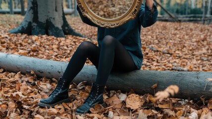 Person Sitting with Mirror in Autumn Forest, Reflecting Surroundings