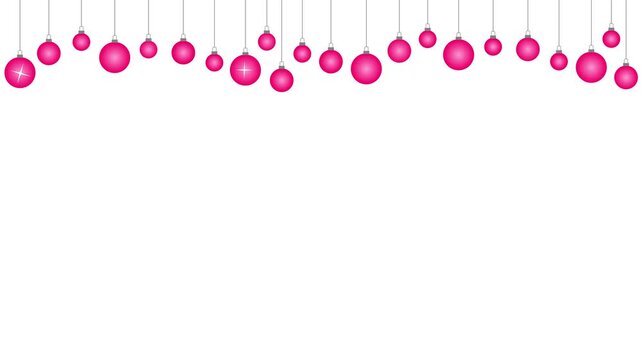 Animated Christmas festive decoration, pink decorative strip. magenta Christmas balls hanging from top. Glare flicker. Vector illustration isolated on the white background.