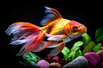 Fototapeta premium A goldfish swimming gracefully in a beautifully decorated aquarium, with plants and colorful stones surrounding it.