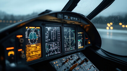 Close-up view of an aircraft cockpit with illuminated digital flight instruments and controls, showcasing detailed navigation and monitoring systems under low light conditions.