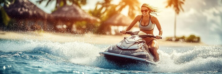 Jetski in water. Summer tropical sports.