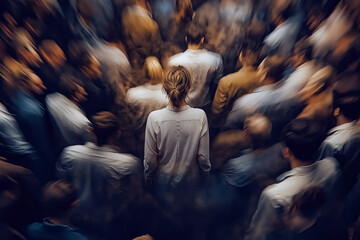 Fototapeta premium A figure standing in a crowded space with blurred faces around them, highlighting the feeling of disorientation and isolation during a panic attack.