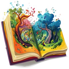 A cartoon book with colorful illustrations on a white background.