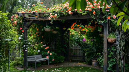 Obraz premium A Romantic Garden Arbor Covered in Peach Roses