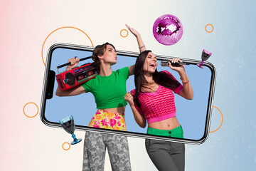 Composite trend artwork sketch collage of smartphone display two young lady appear screen...