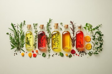 Herbal Infused Oils and Fresh Ingredients on a Rustic Surface