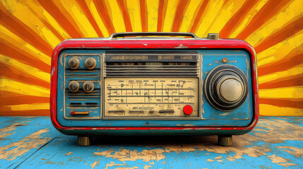 Retro alarm clock and radio in pop art style with vibrant sunburst background