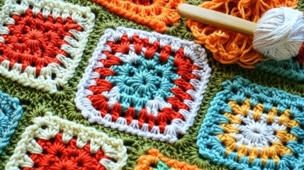 Colorful crochet squares with yarn and hook