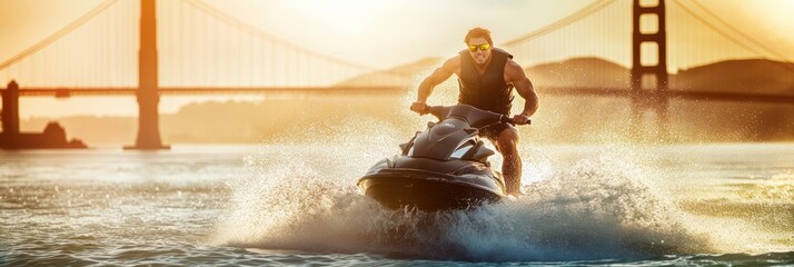 Jetski in water with background of golden gate bridge. Summer tropical sports.