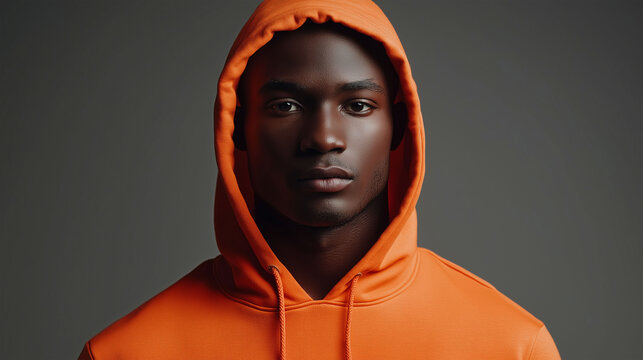 A young man with dark skin wears a oringe hooded sweatshirt.