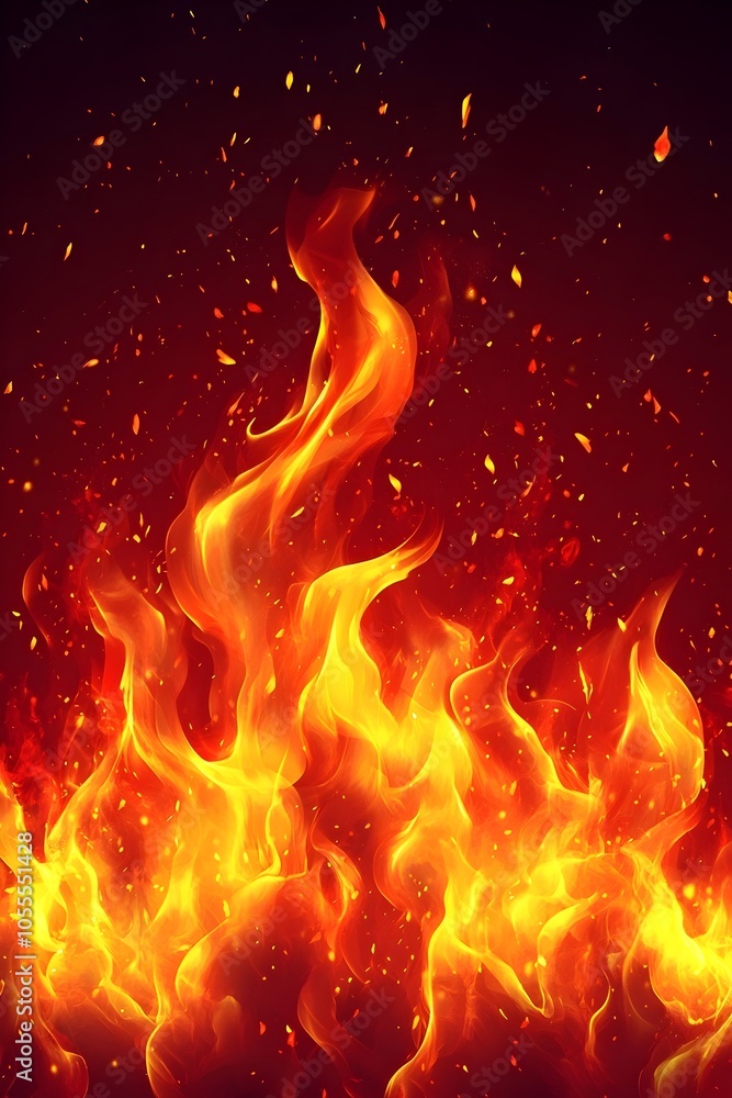 Poster a dynamic display of bright orange and yellow flames dancing against a dark background, creating a m