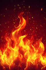 Fototapeta premium A dynamic display of bright orange and yellow flames dancing against a dark background, creating a mesmerizing effect with sparks and glowing embers.