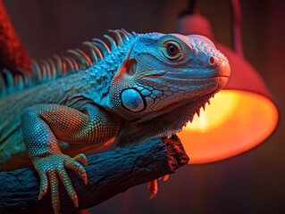 Fototapeta premium A pet iguana climbing on a branch in its terrarium, basking in the warmth of the heat lamp.