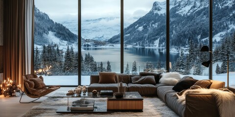 A contemporary living room with large panoramic windows, showcasing a breathtaking winter landscape