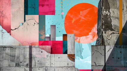 This image features a colorful abstract urban landscape with vibrant geometric shapes, showcasing a bright orange sun and a mix of textures and patterns throughout.