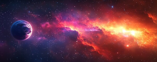 Obraz premium Abstract universe with floating planets, dazzling stars, and cosmic dust in a vibrant cartoon aesthetic, perfect for a colorful wallpaper