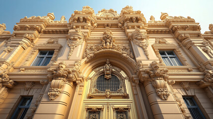 Ornate facade of a historic building with intricate carvings and sculptures, featuring decorative windows and an elaborately adorned arched entrance under a clear blue sky.