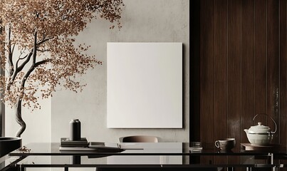 A minimalistic interior scene with a blank canvas, a tree, and a tea set on a table.