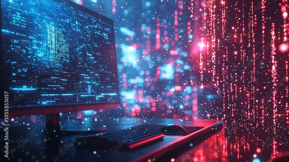 Aufkleber high-tech office with glowing data displays and digital interface