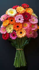 Fototapeta premium A bouquet of brightly colored Gerbera flowers. Each Gerbera has large green leaves, arranged in a cluster, creating a lively and fun bouquet.