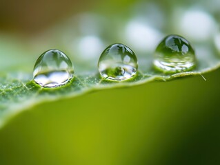 A high-definition macro photograph of crystal-clear water droplets delicately perched on the surface of a vibrant green leaf after a fresh rain.