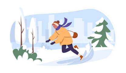 Fototapeta premium Woman in winter cloth falling on slippery ice pavement outdoors. Female character slipped on the ice on winter city background. Girl falls waving hands. Slippery road. Vector flat cartoon illustration