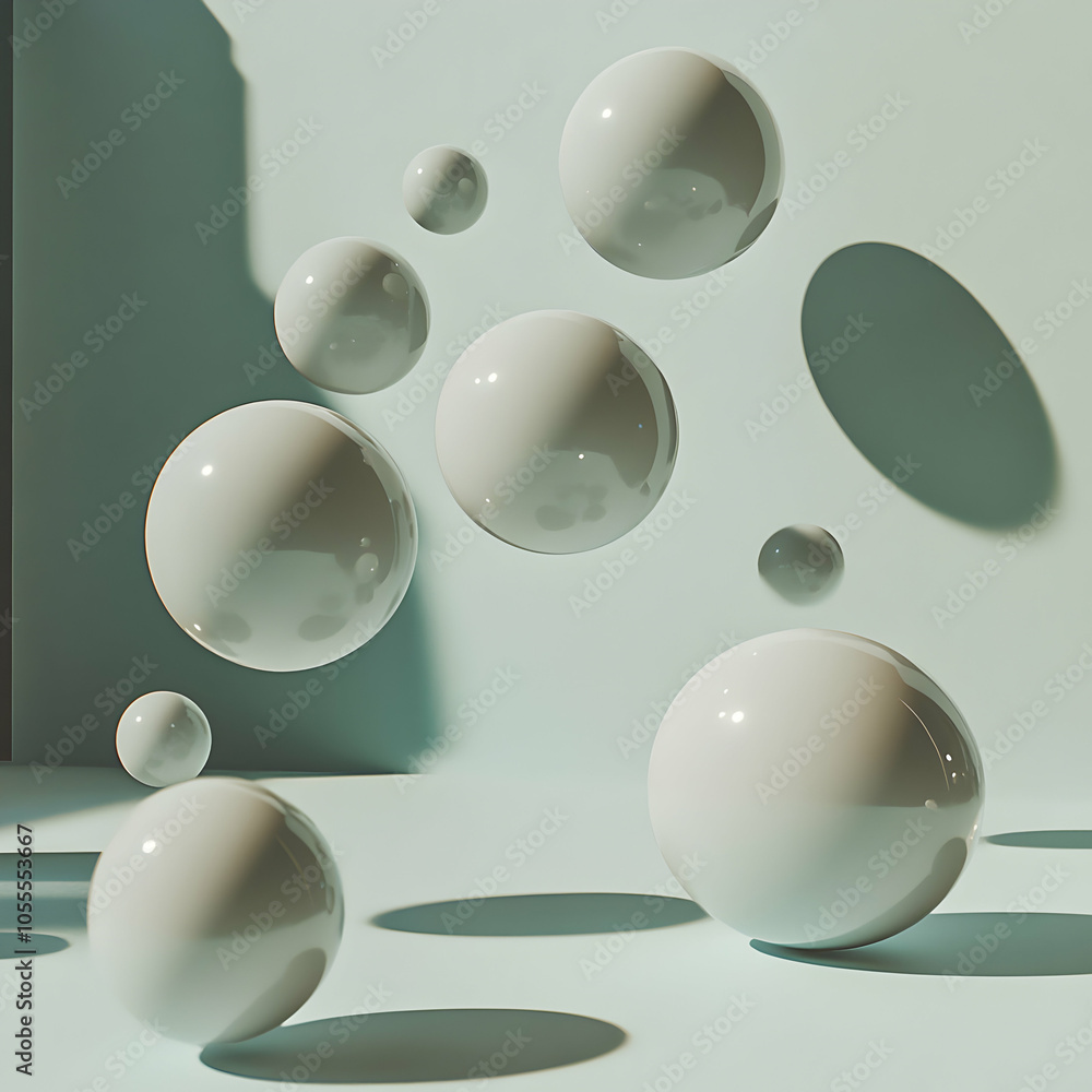 Poster surreal scene of floating spheres in various sizes against a dreamlike background