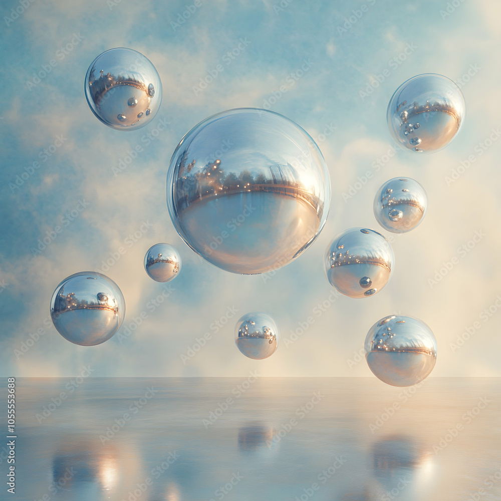 Poster surreal scene of floating spheres in various sizes against a dreamlike background