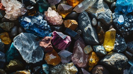 A vibrant collection of polished crystals and raw minerals showcasing various colors and textures, capturing the essence of natural beauty and geological wonder.