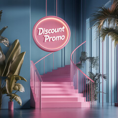 Modern Discount Promo Display with Stylish Staircase and Neon Sign. Vibrant Pink and Blue Interior Design for Promo Sale Marketing Promotion of Any Business. Interior Space for Marketing & Advertising