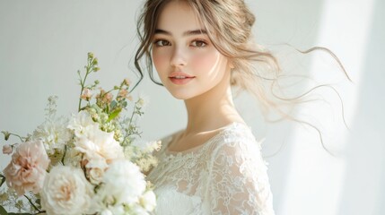 Naklejka premium Bride Posing in Flowing Wedding Dress Outdoors